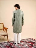 Men's Green Rayon Kurta with Sequins & Threadwork Embroidery Set
