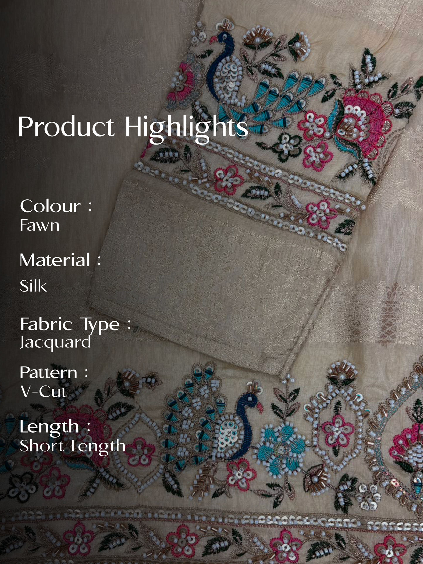 Fawn Jacquard Silk Short Kurta Set with Multicolour Embroidery & Bead Work