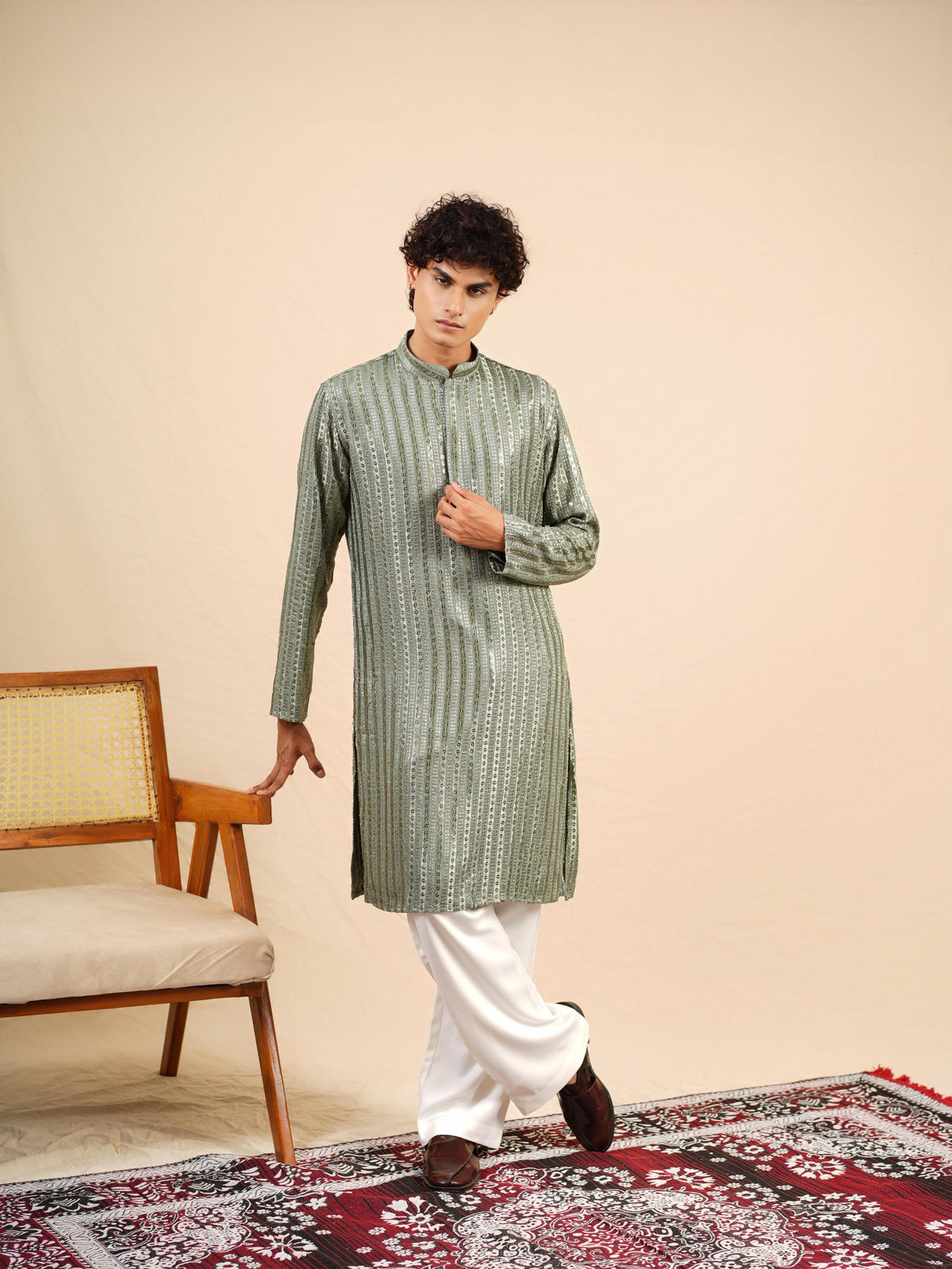 Men's Green Rayon Kurta with Sequins & Threadwork Embroidery Set