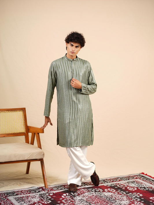 Men's Green Rayon Kurta with Sequins & Threadwork Embroidery Set