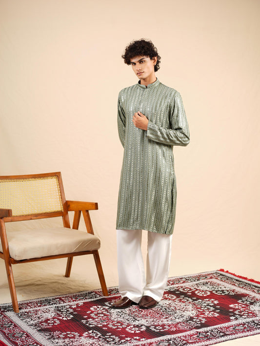 Men's Green Rayon Kurta with Sequins & Threadwork Embroidery Set