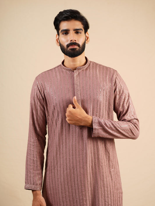 Men's Rust Rayon Kurta Set with Sequins & Thread Work Embroidery