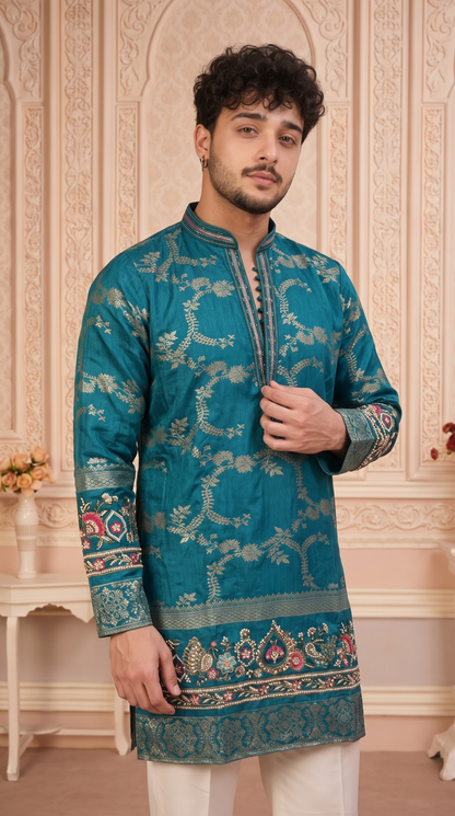 Blue Jacquard Silk Short Kurta Set with Multicolour Embroidery & Bead Work