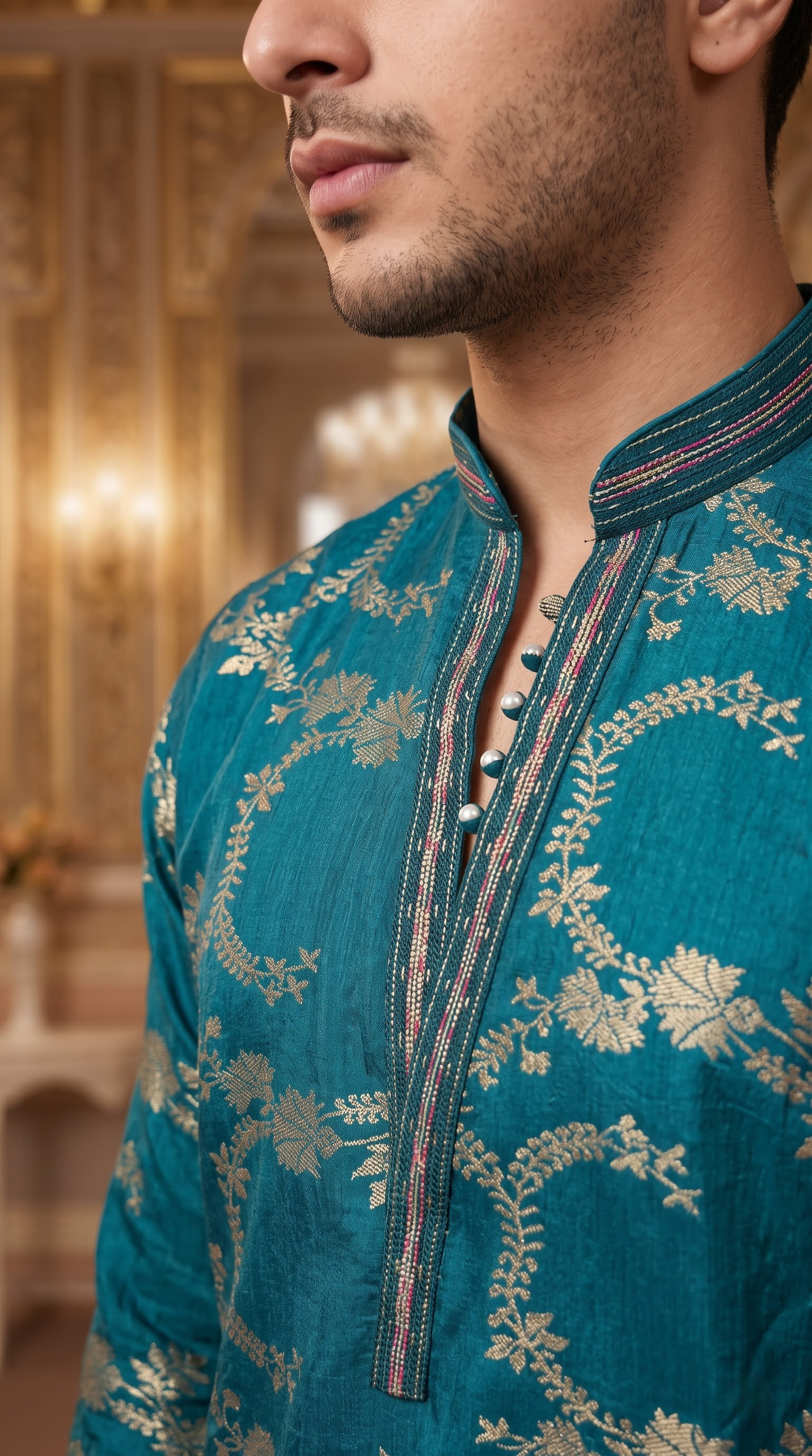 Blue Jacquard Silk Short Kurta Set with Multicolour Embroidery & Bead Work
