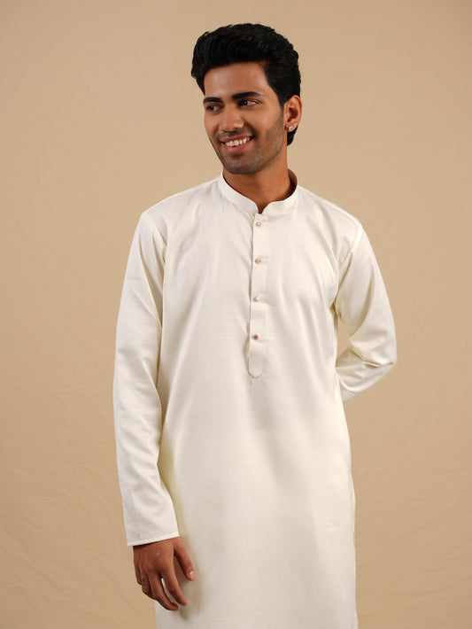 Men's Off-White Satin Silk Plain Kurta Set