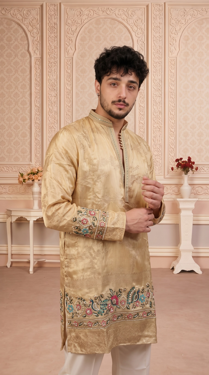 Fawn Jacquard Silk Short Kurta Set with Multicolour Embroidery & Bead Work