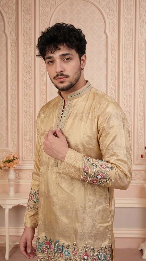 Fawn Jacquard Silk Short Kurta Set with Multicolour Embroidery & Bead Work
