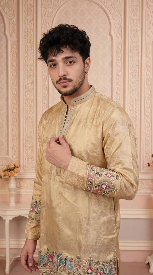 Fawn Jacquard Silk Short Kurta Set with Multicolour Embroidery & Bead Work