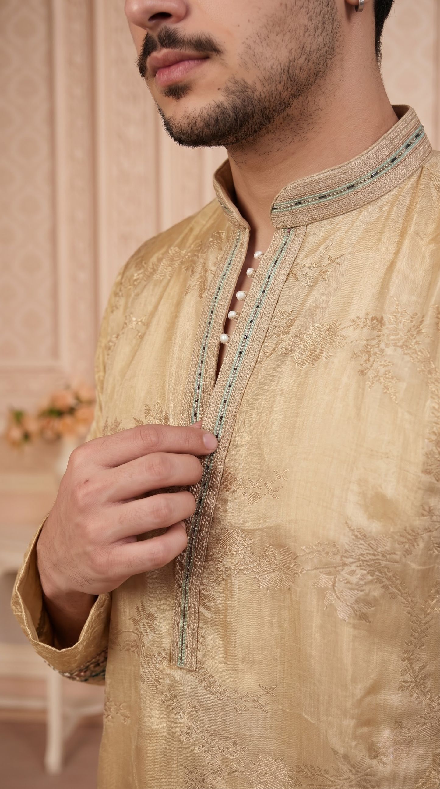 Fawn Jacquard Silk Short Kurta Set with Multicolour Embroidery & Bead Work