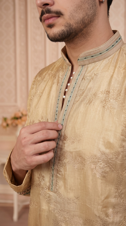 Fawn Jacquard Silk Short Kurta Set with Multicolour Embroidery & Bead Work