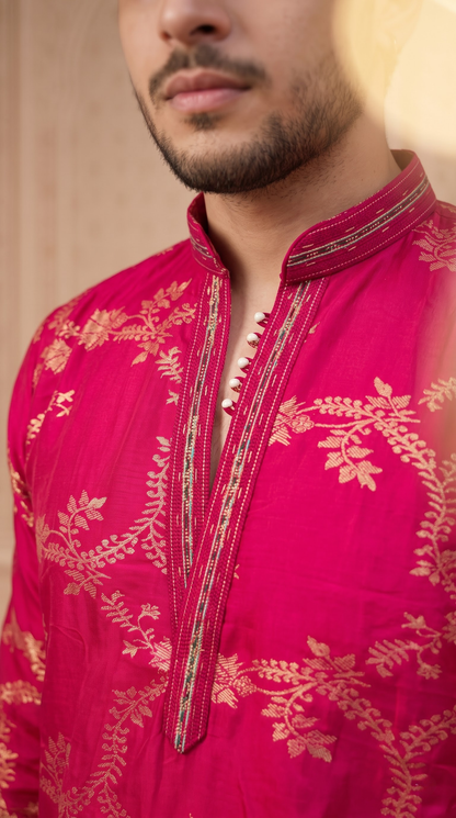 Pink Jacquard Silk Short Kurta Set with Multicolour Embroidery & Bead Work