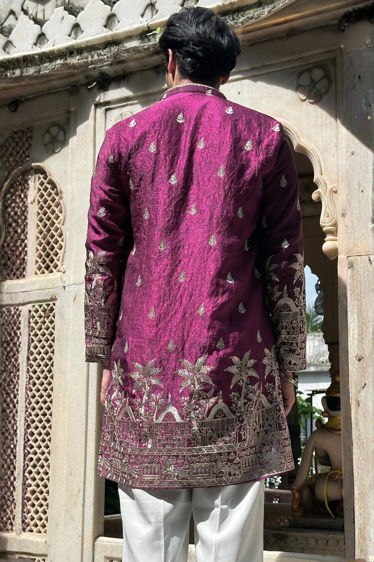 Wine Satin Fancy Short Kurta Set with Zari Embroidery