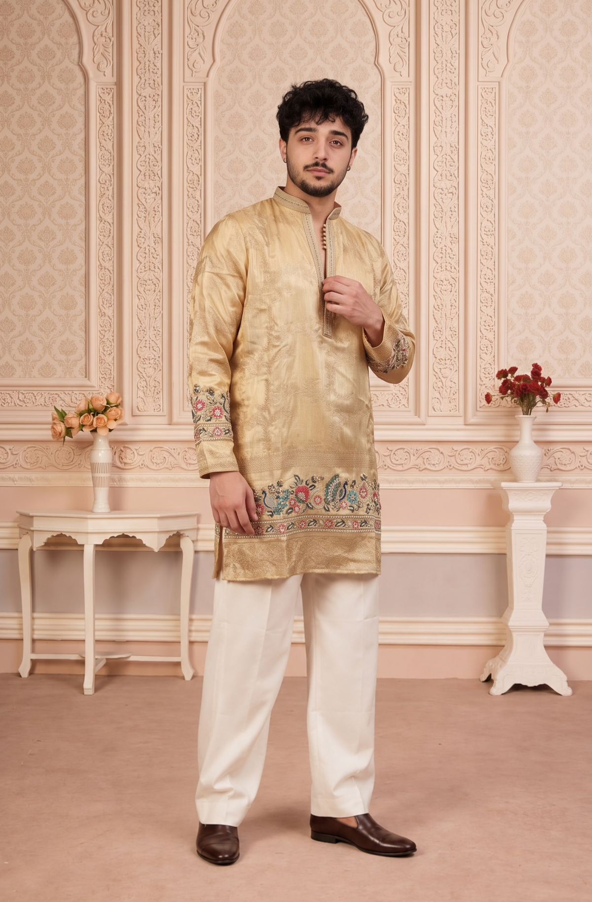 Fawn Jacquard Silk Short Kurta Set with Multicolour Embroidery & Bead Work