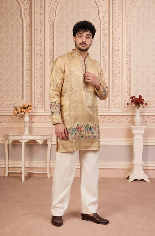 Fawn Jacquard Silk Short Kurta Set with Multicolour Embroidery & Bead Work