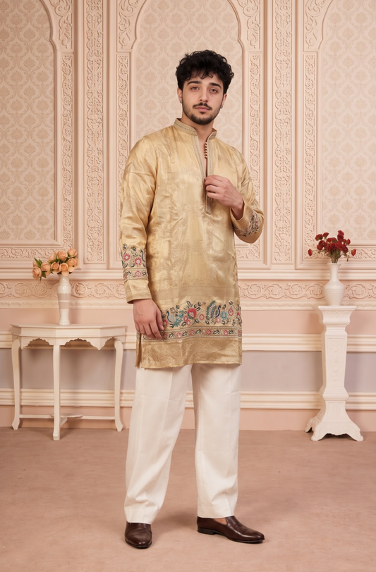 Fawn Jacquard Silk Short Kurta Set with Multicolour Embroidery & Bead Work