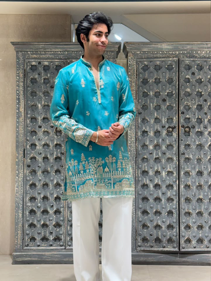Aqua Shimmer Organza Short Kurta Set with Jari Embroidery