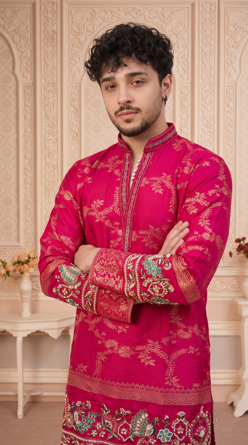 Pink Jacquard Silk Short Kurta Set with Multicolour Embroidery & Bead Work