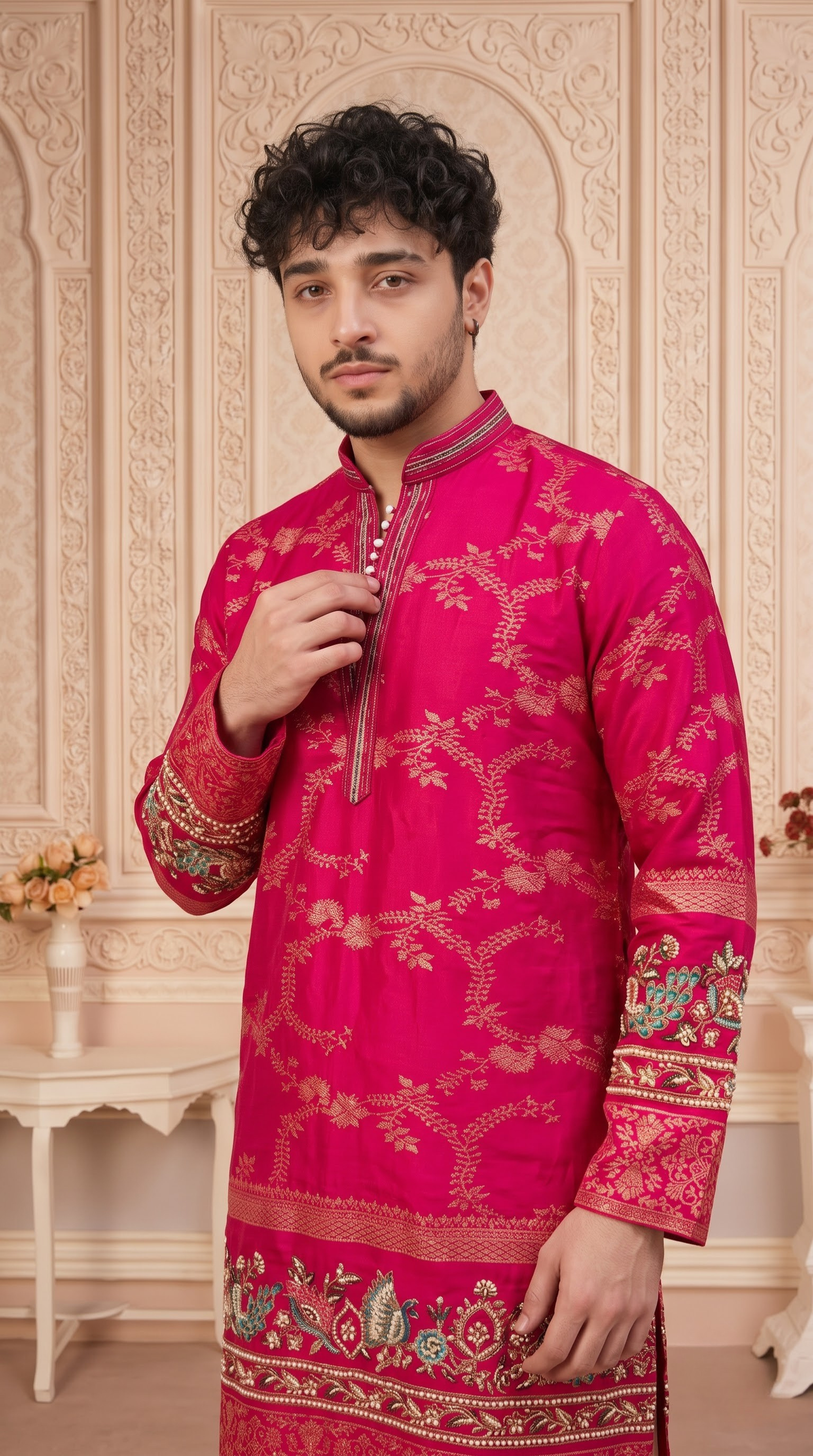 Pink Jacquard Silk Short Kurta Set with Multicolour Embroidery & Bead Work
