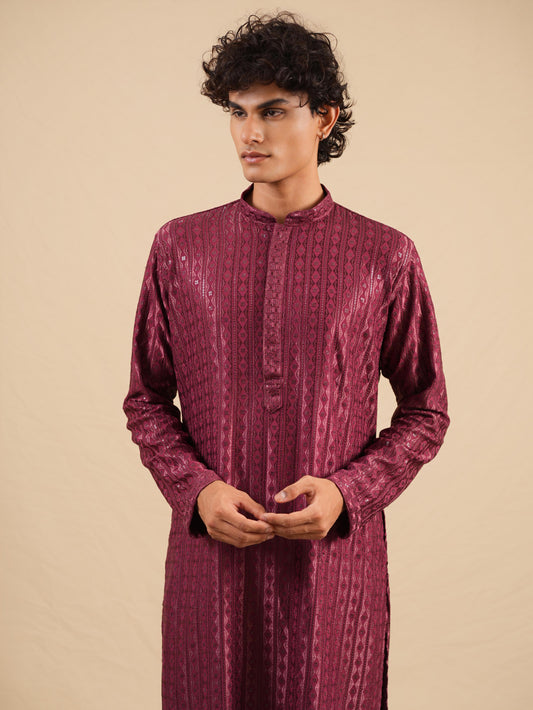 Men’s Wine Rayon Kurta Set with Sequins & Thread Work Embroidery