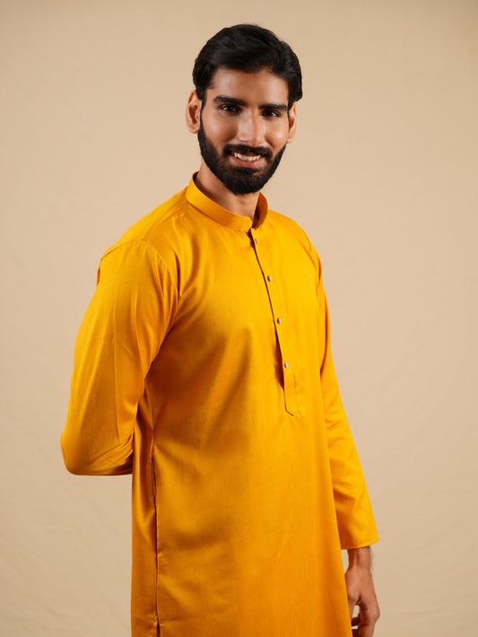 Men's Mustard Satin Silk Plain Kurta Set
