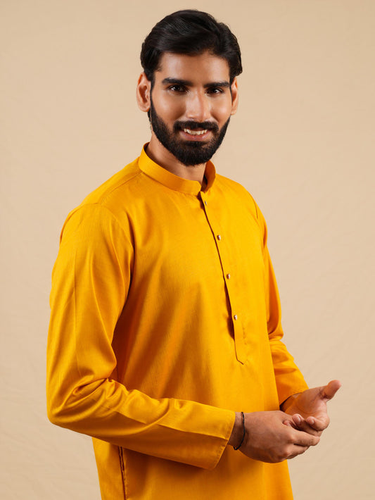 Men's Mustard Satin Silk Plain Kurta Set
