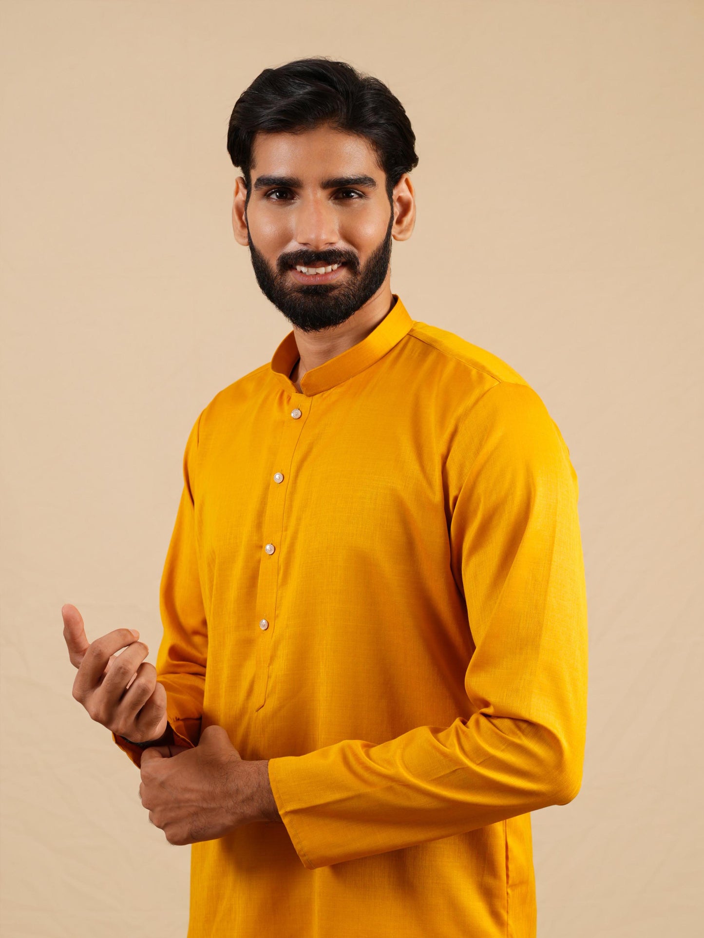 Men's Mustard Satin Silk Plain Kurta Set