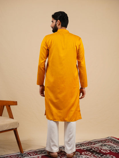 Men's Mustard Satin Silk Plain Kurta Set