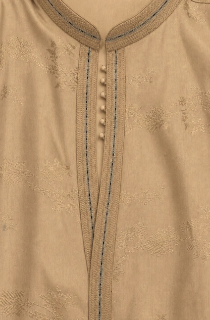 Fawn Jacquard Silk Short Kurta Set with Multicolour Embroidery & Bead Work