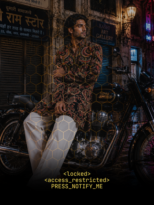 Midnight Black Silk Short Kurta Set with Regal Paisley Print