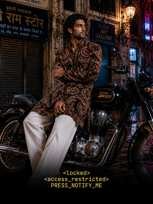 Midnight Black Silk Short Kurta Set with Regal Paisley Print