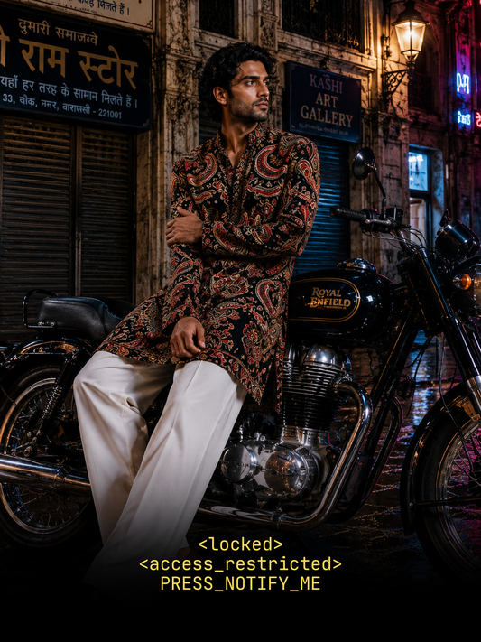 Midnight Black Silk Short Kurta Set with Regal Paisley Print