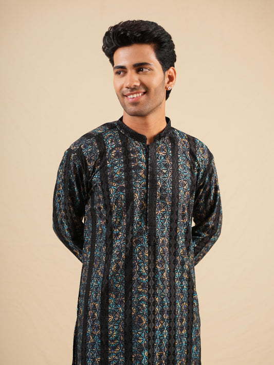 Men's Black Kurta Set in Rayon with Fine Embroidery