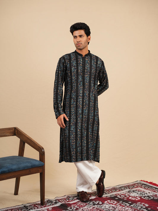 Men's Black Kurta Set in Rayon with Fine Embroidery