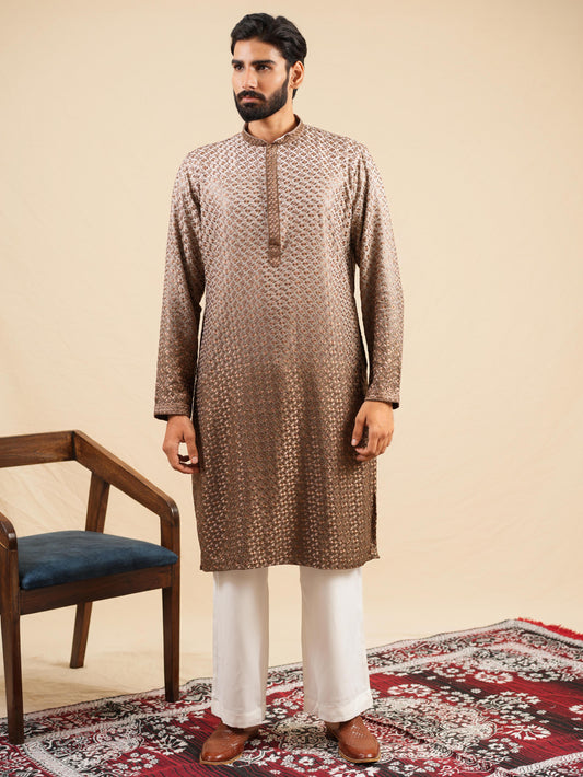 Men's Brown Ombre Rayon Kurta with Sequins & Thread Work Embroidery Set