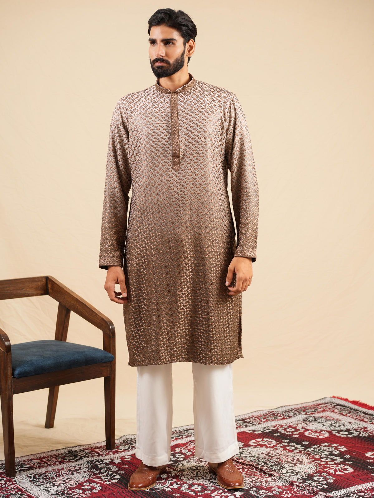 Men's Brown Ombre Rayon Kurta with Sequins & Thread Work Embroidery Set