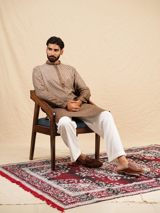 Men's Brown Ombre Rayon Kurta with Sequins & Thread Work Embroidery Set