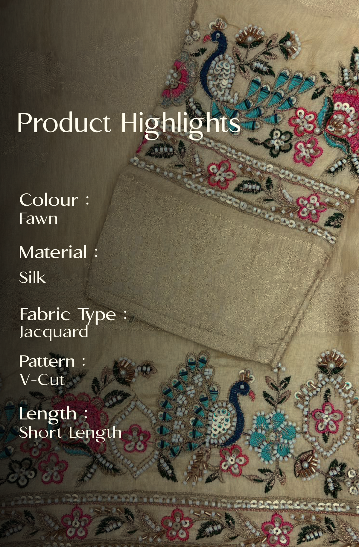 Fawn Jacquard Silk Short Kurta Set with Multicolour Embroidery & Bead Work