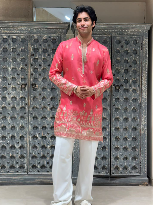 Coral Pink Shimmer Organza Short Kurta Set with Jari Embroidery