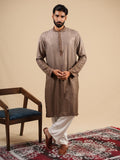 Men's Brown Ombre Rayon Kurta with Sequins & Thread Work Embroidery Set