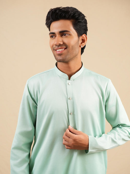 Men's Mint Green Satin Silk Plain Kurta Set