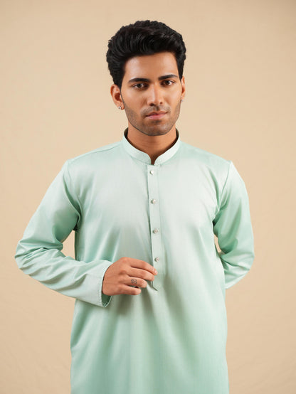 Men's Mint Green Satin Silk Plain Kurta Set