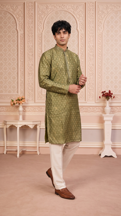 Olive Green Jacquard Silk Regular Length Kurta Set with Zari Work