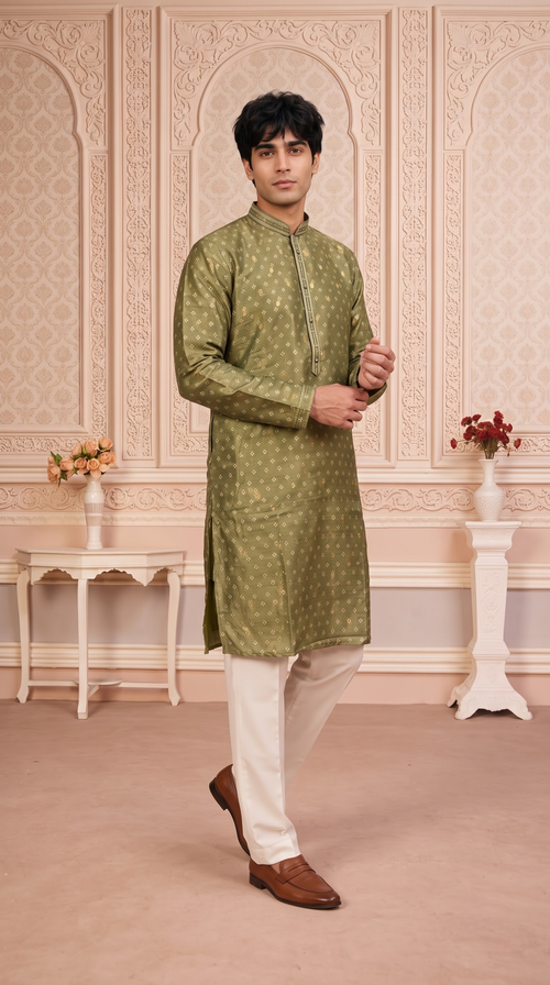 Olive Green Jacquard Silk Regular Length Kurta Set with Zari Work