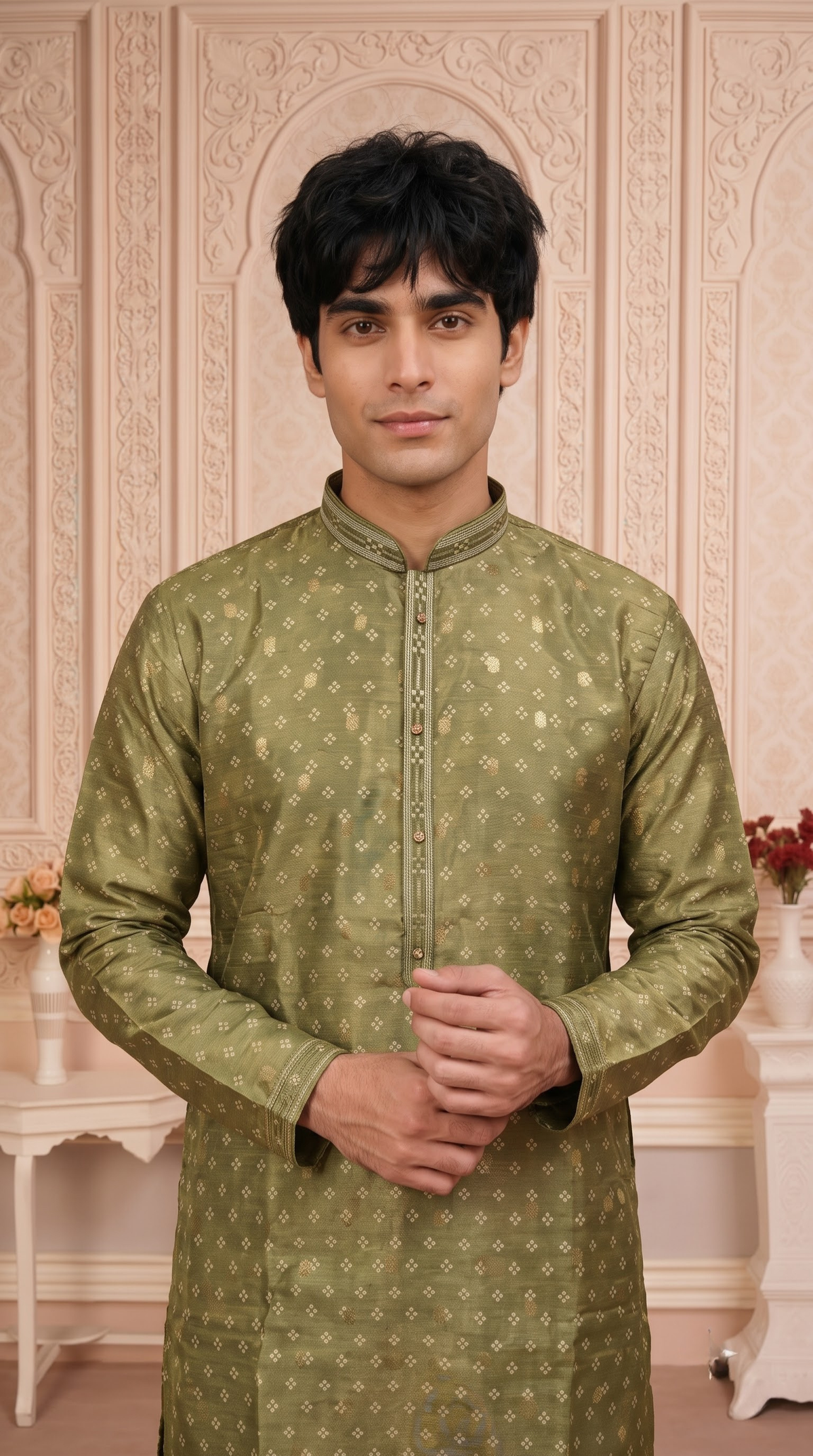 Olive Green Jacquard Silk Regular Length Kurta Set with Zari Work