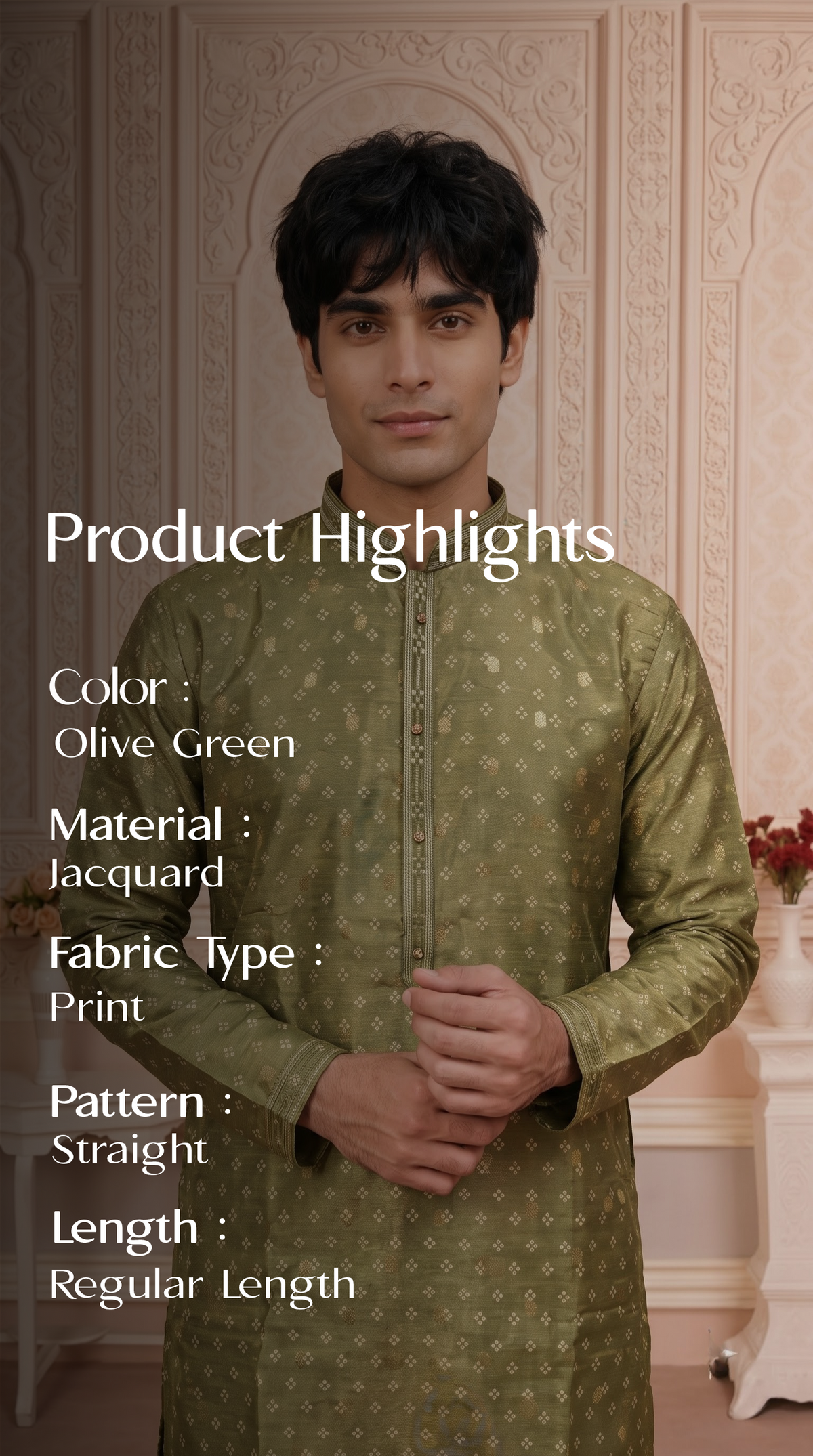 Olive Green Jacquard Silk Regular Length Kurta Set with Zari Work
