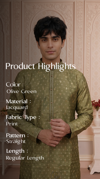 Olive Green Jacquard Silk Regular Length Kurta Set with Zari Work
