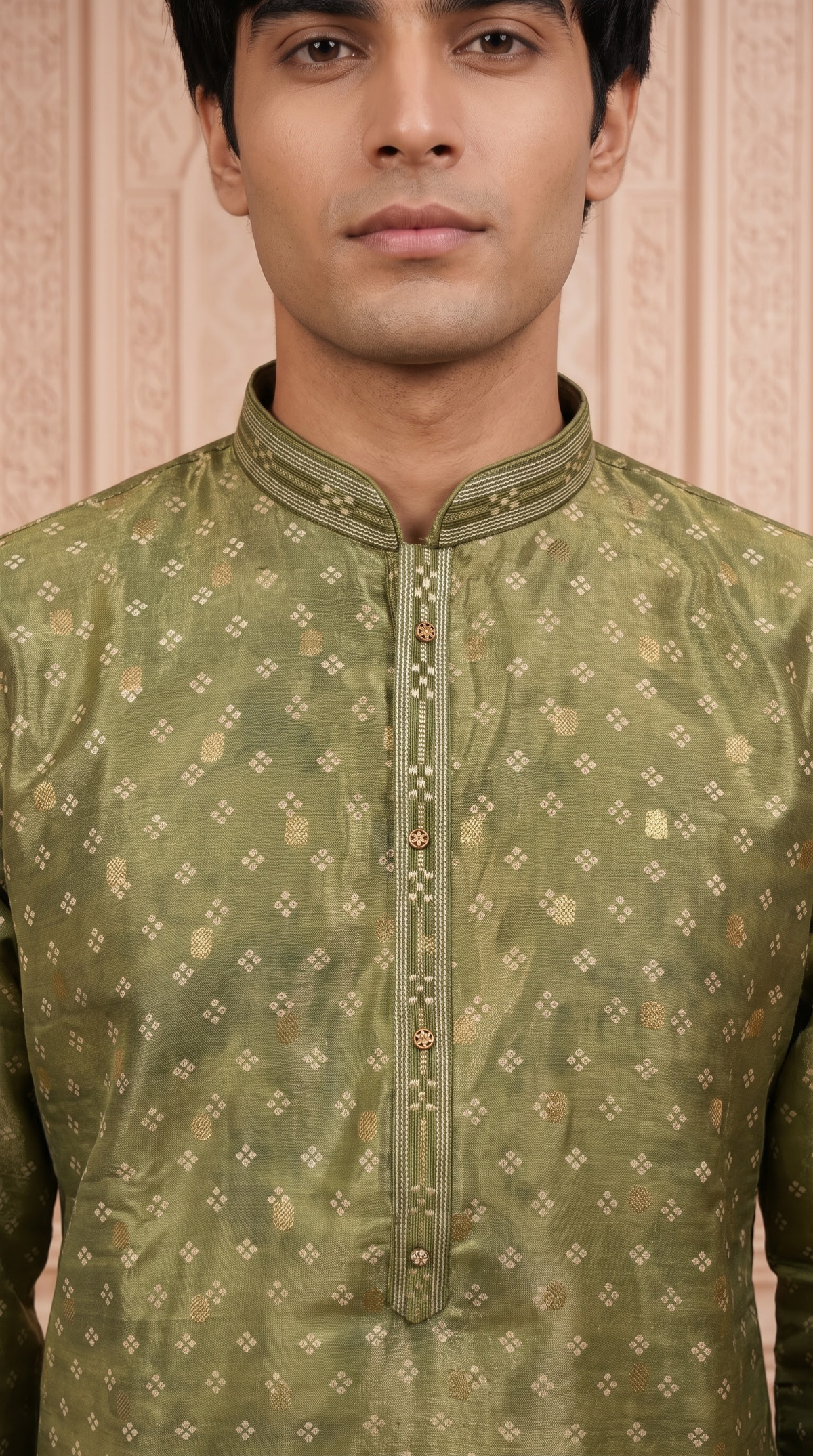 Olive Green Jacquard Silk Regular Length Kurta Set with Zari Work