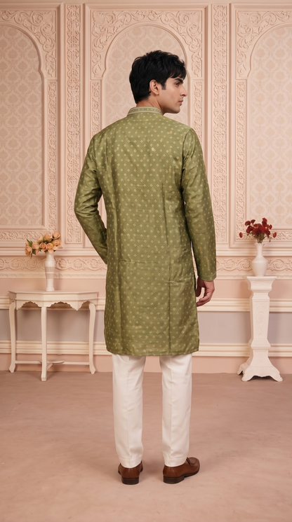 Olive Green Jacquard Silk Regular Length Kurta Set with Zari Work