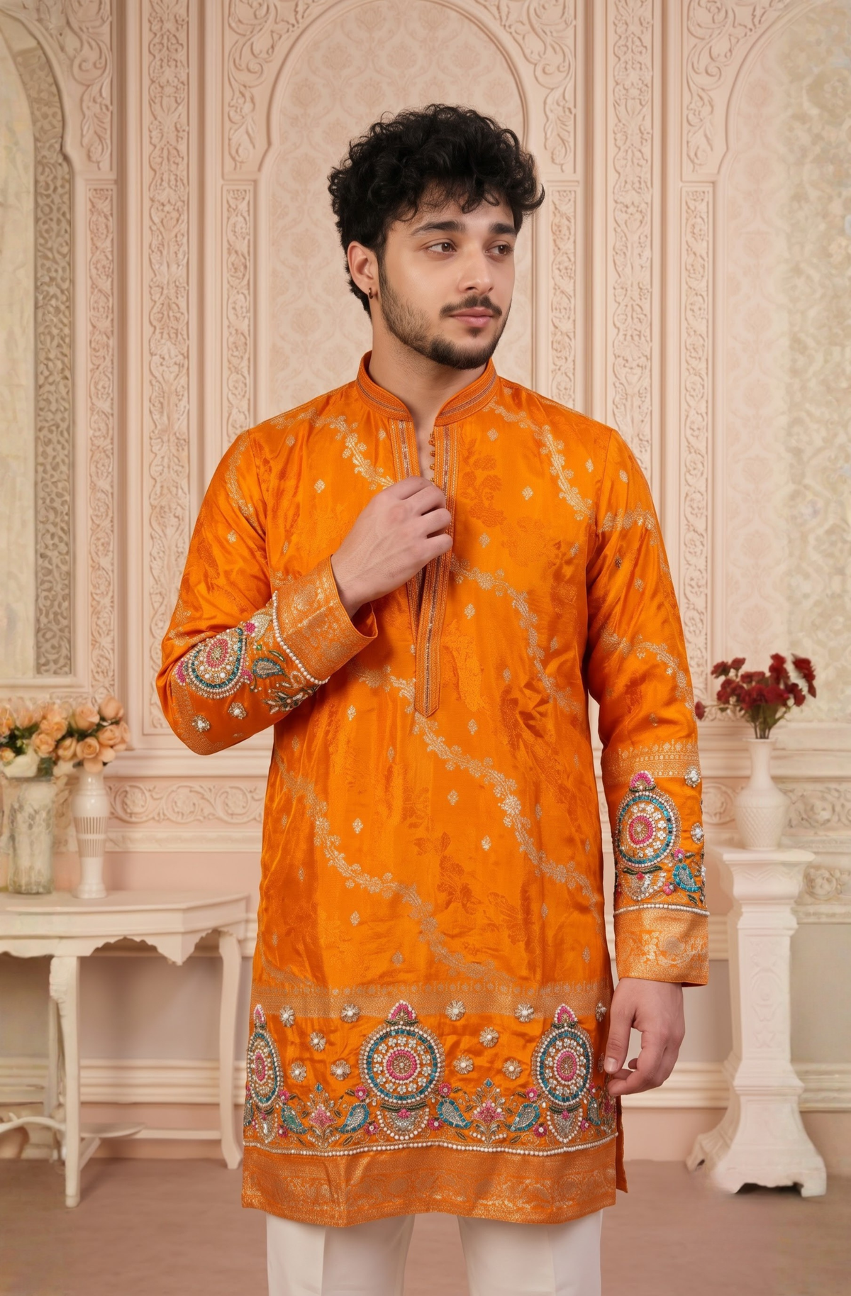 Orange Jacquard Silk Short Kurta Set with Multicolour Embroidery & Bead Work