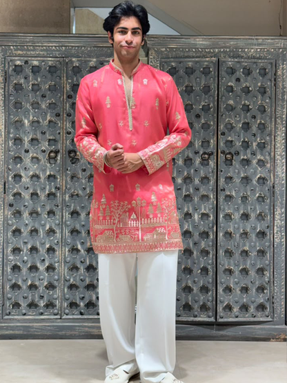 Coral Pink Shimmer Organza Short Kurta Set with Jari Embroidery